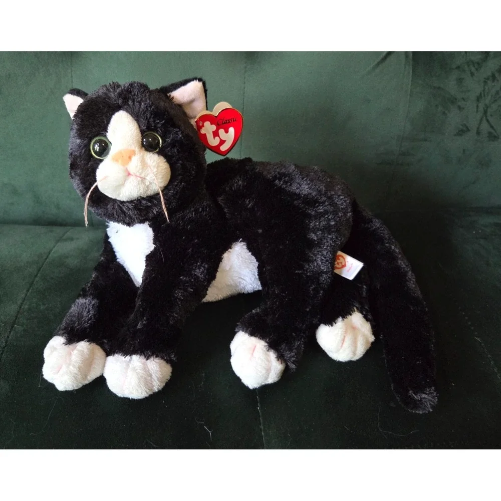 2011 Ty Classic Shadow Cat Plush Tuxedo Black White Kitty Laying 12
